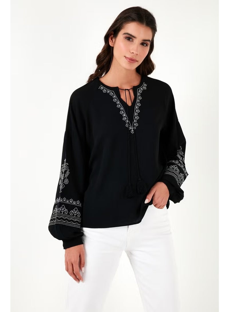 Lela Collar Tied Sleeves Embroidered V-Neck Regular Fit Blouse Women's BLOUSE 611BZ0368 - Image 4